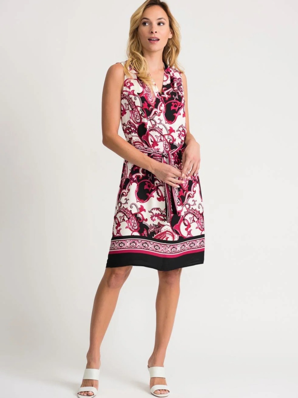 Joseph Ribkoff Dress Womens 6 Pink Paisley Sleeveless Shift Belt Missing